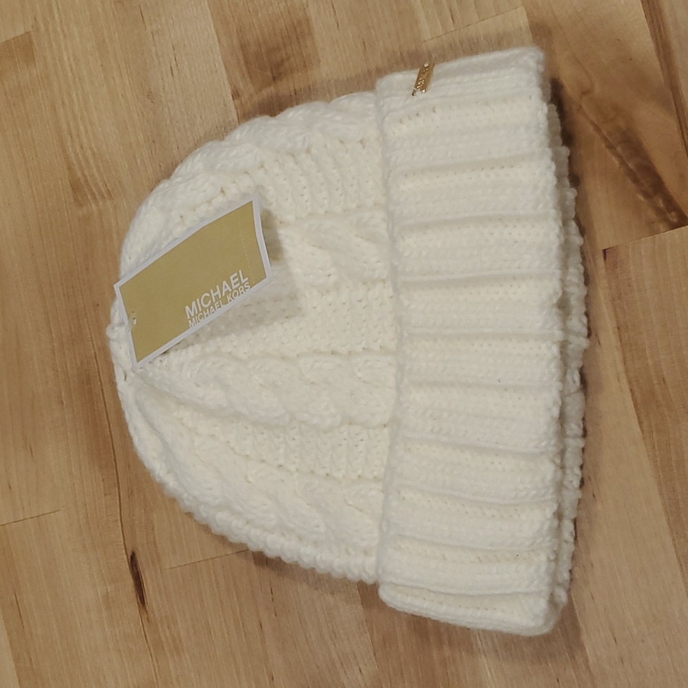Michael Kors Fleece Lined Cable Knit Beanie Hat Ivory Cream New